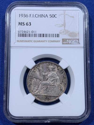 《竞宝斋》第434场 周日，周一2场连拍 （全场包邮） - NGC MS63 原光 法属印度支那1936年坐洋五十分银币