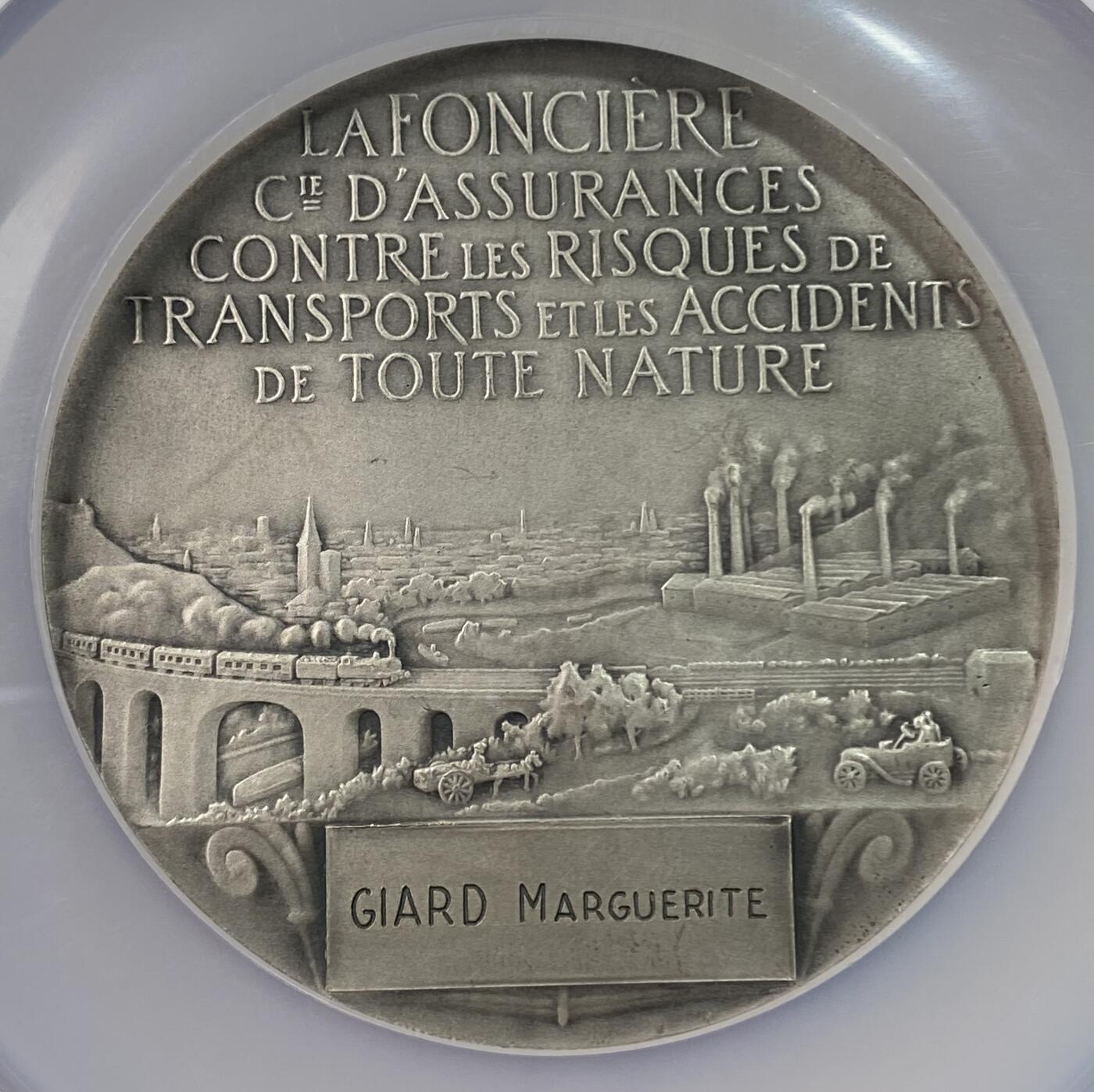 万国钱币拍卖第054期 NGC MS65 1879年法国第三共和国保险公司/运输和事故风险/任何类型险种纪念大银章 68MM 140.58G超大规格 马车、汽车、铁路、工厂和桥梁的运输场景非常精细 顶级BU收藏级