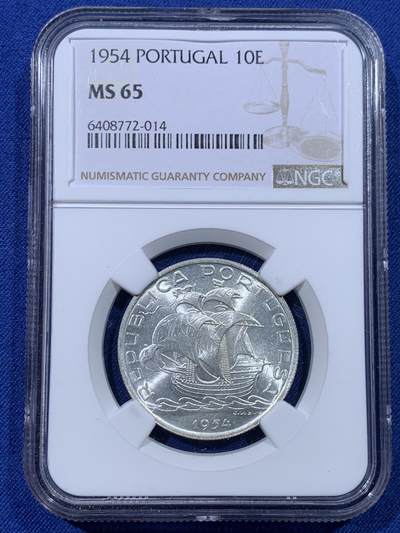 《竞宝斋》第434场 周日，周一2场连拍 （全场包邮） - NGC MS65 葡萄牙1954年10埃斯库多大航海帆船银币 卷拆原光