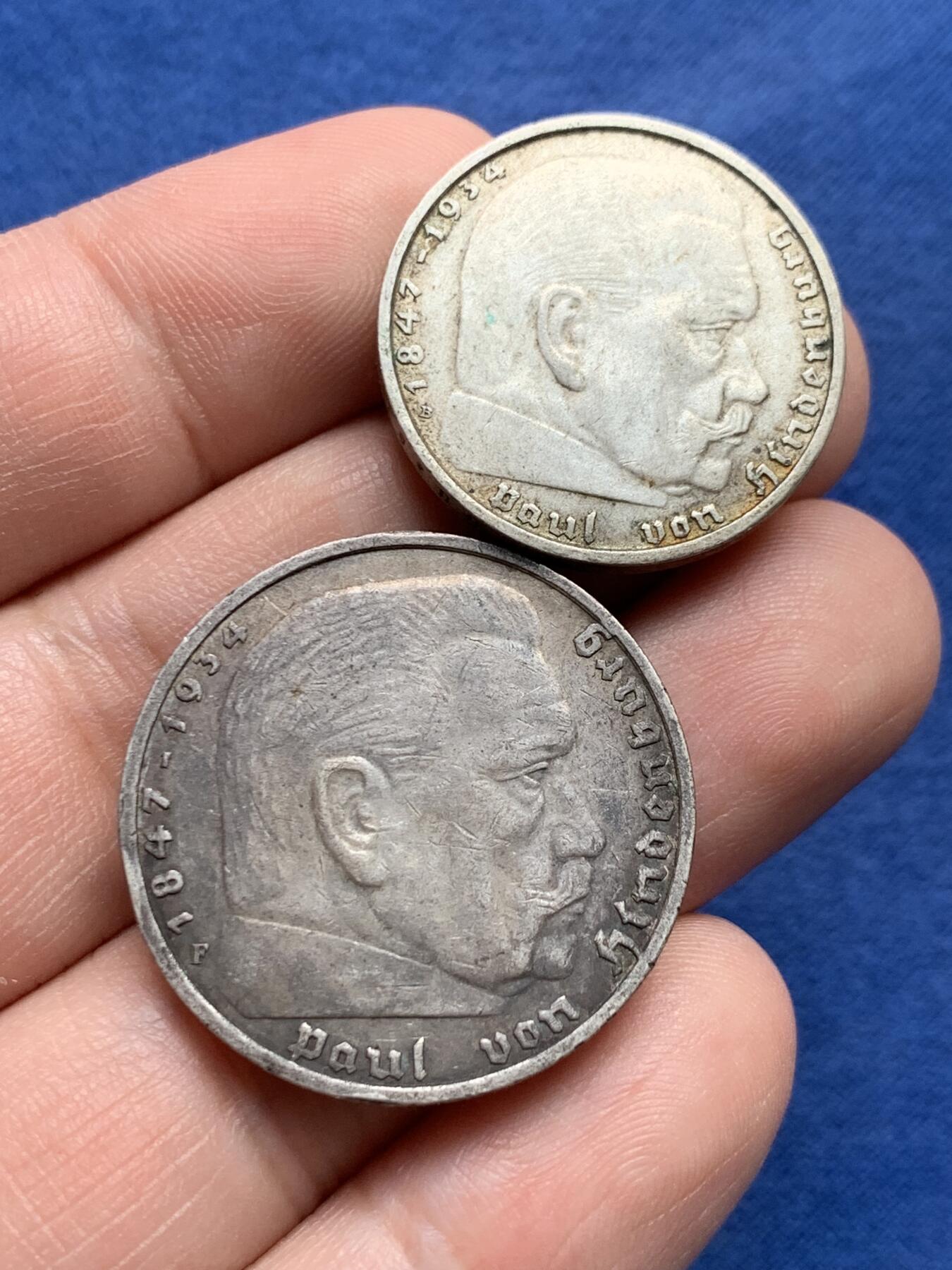 《竞宝斋》第434场 周日，周一2场连拍 （全场包邮） 两枚一组 德国兴登堡银币 1937年F版5马克+1938年B版2马克