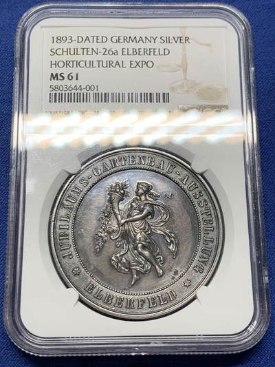 《竞宝斋》第434场 周日，周一2场连拍 （全场包邮） - NGC MS61 德国1893年园艺博览会大银章，41mm大规格，少女衣纹流畅丰美，花卉蔬果刻画精细，工艺精湛。黑彩老包浆非常漂亮，实物状态极佳，严重低评