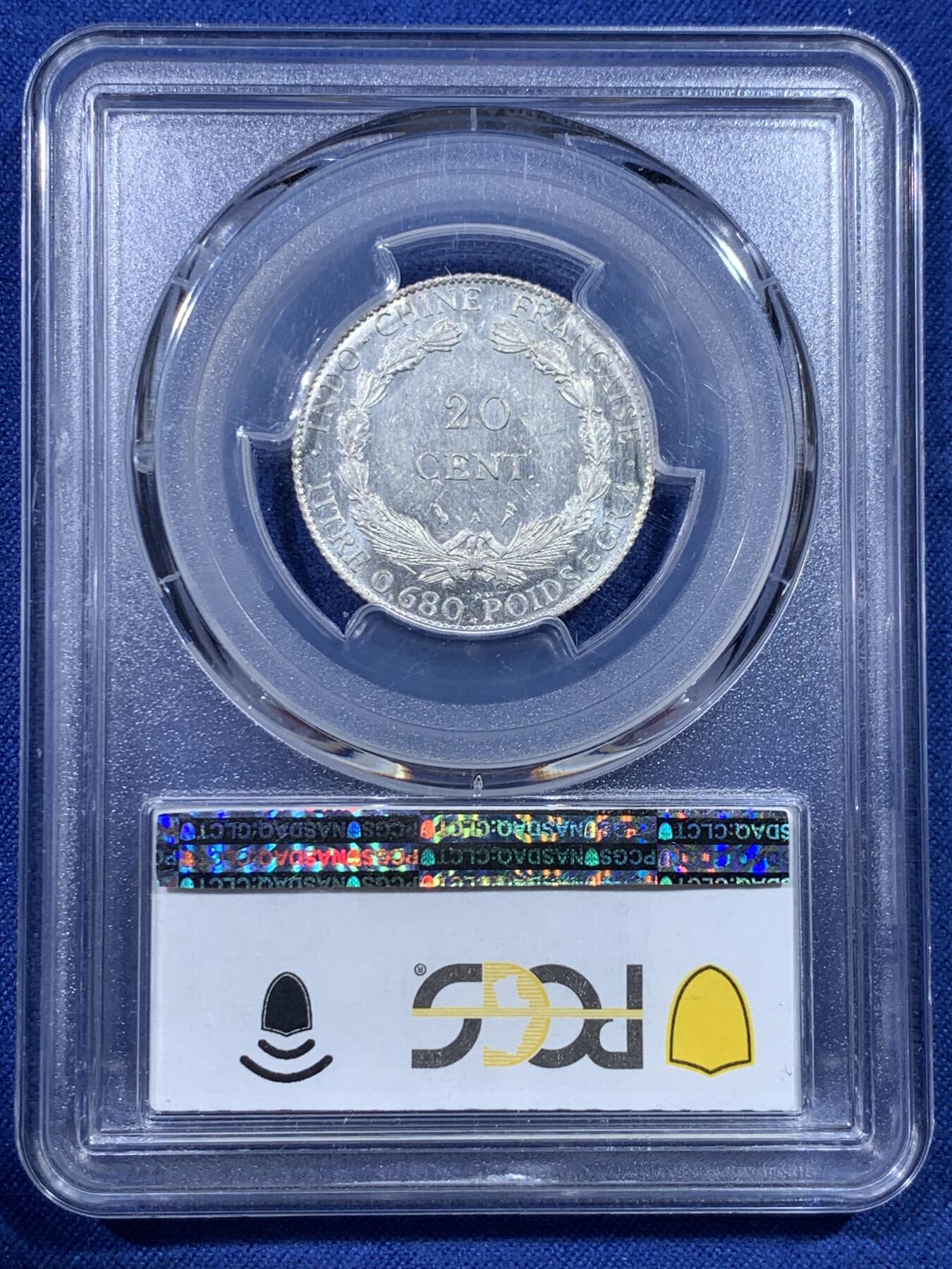 《竞宝斋》第434场 周日，周一2场连拍 （全场包邮） PCGS MS62 法属印支1923年坐洋20分银币  少见年份，PL底板，观感极佳，不是极为常见的1937年