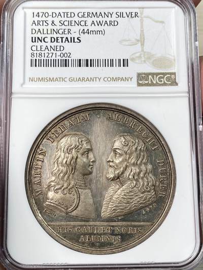 万国钱币拍卖第054期 - NGC UNCD 1820年德国纽伦堡政府颁发创立的《高等法院法》纪念银章 马丁·贝哈伊姆和阿尔布雷希特·丢勒双人像对立 罕见镜面彩虹彩包浆