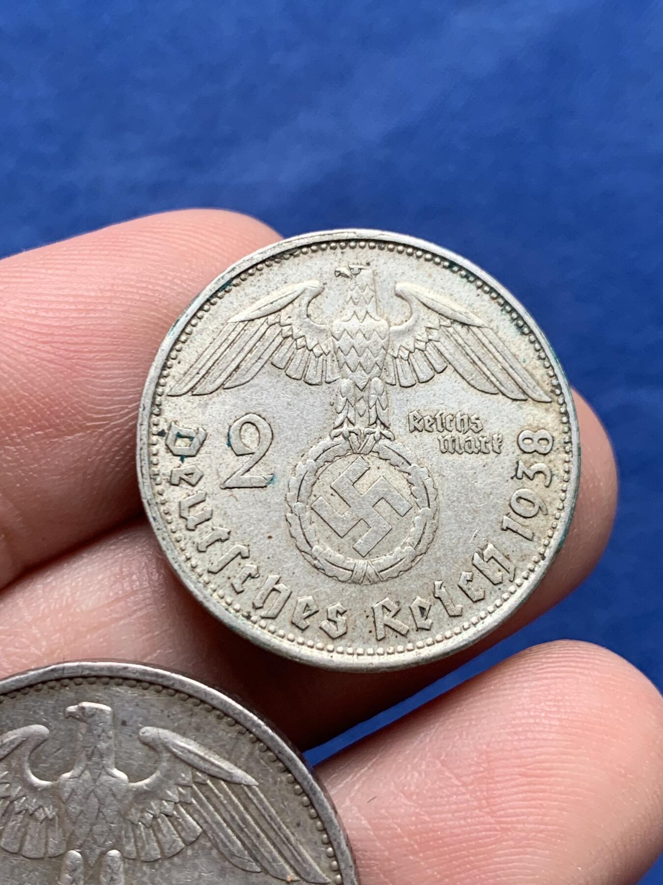 《竞宝斋》第434场 周日，周一2场连拍 （全场包邮） 两枚一组 德国兴登堡银币 1937年F版5马克+1938年B版2马克