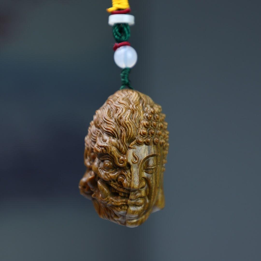 听雨轩（16）木雕 绿檀木手工雕刻佛魔一念之间手把件 6cm