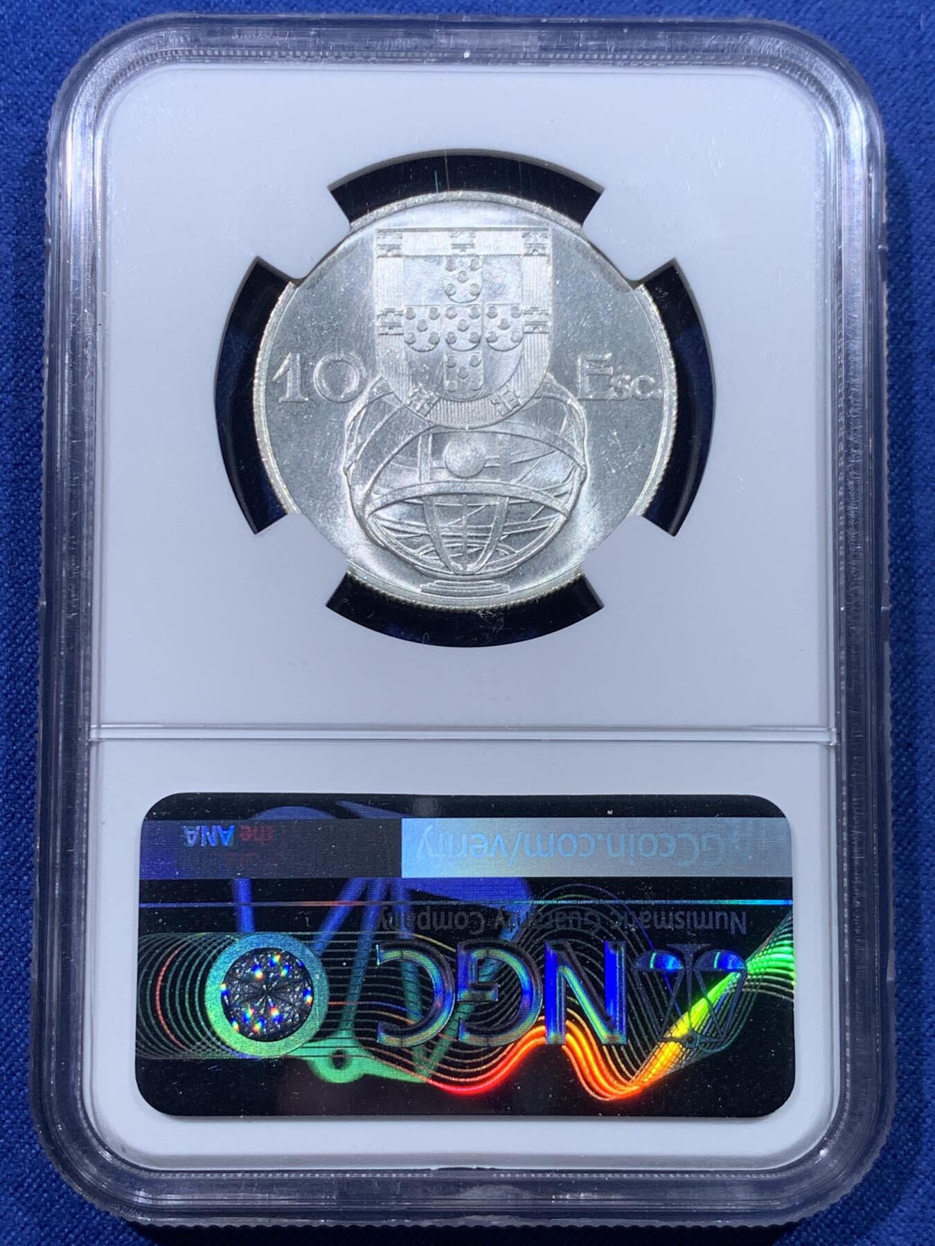 《竞宝斋》第434场 周日，周一2场连拍 （全场包邮） NGC MS65 葡萄牙1954年10埃斯库多大航海帆船银币 卷拆原光