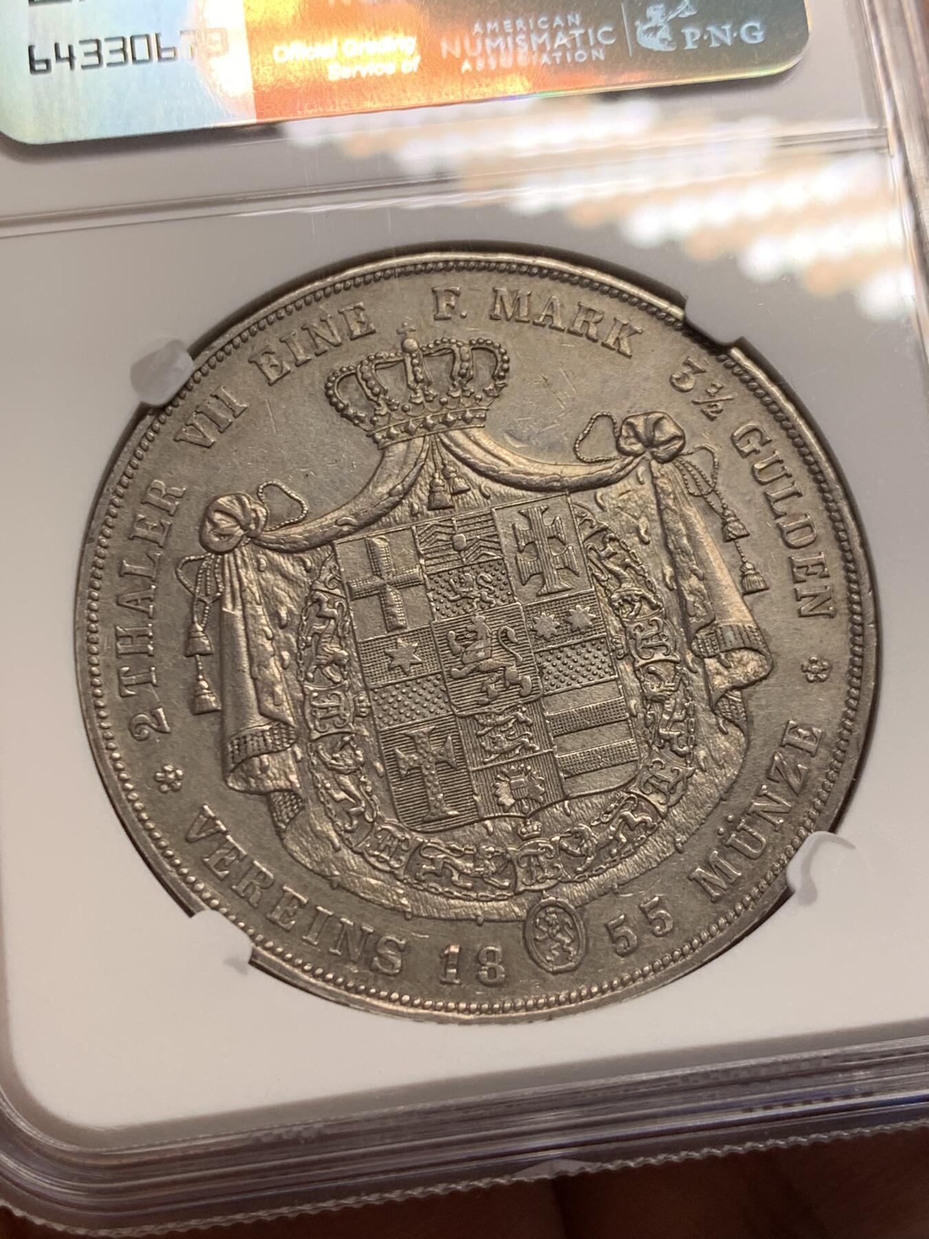 《竞宝斋》第434场 周日，周一2场连拍 （全场包邮） NGC AU 德国 1855年 黑森卡塞尔 2泰勒大银币 37克大窗帘 细节保存的很好