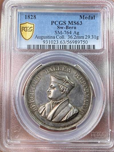 万国钱币拍卖第054期 - PCGS MS63 1828年瑞士伯尔尼贝希托尔德·哈勒宗教改革300周年纪念银章 罕见瑞士宗教纪念五彩浮雕