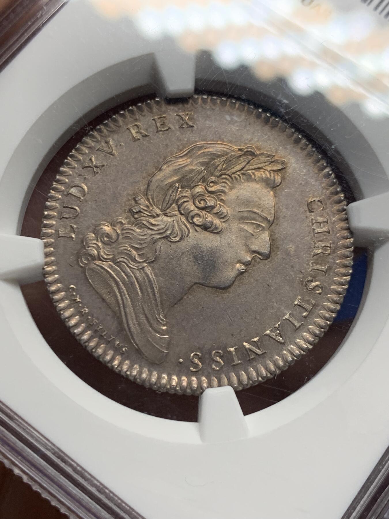 《竞宝斋》第434场 周日，周一2场连拍 （全场包邮） NGC MS64 法国路易十五银质代币 巴黎公证人，手指标，罕见高分