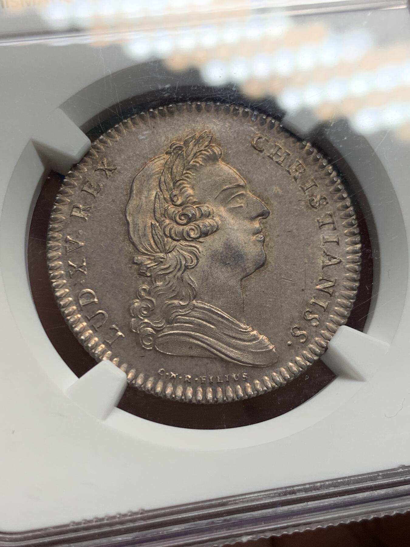 《竞宝斋》第434场 周日，周一2场连拍 （全场包邮） NGC MS64 法国路易十五银质代币 巴黎公证人，手指标，罕见高分