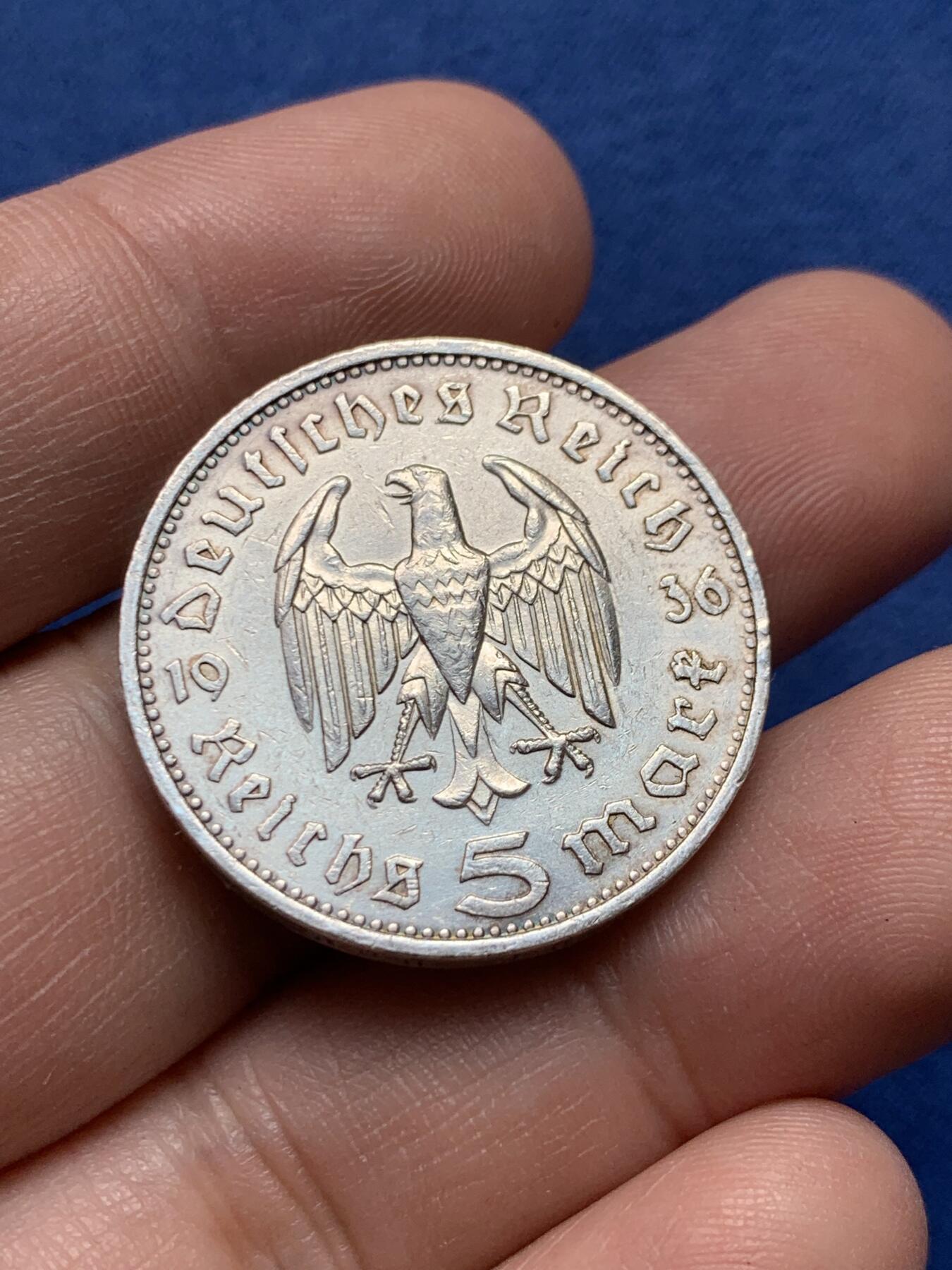 《竞宝斋》第434场 周日，周一2场连拍 （全场包邮） 德国 1936年 兴登堡 5马克银币