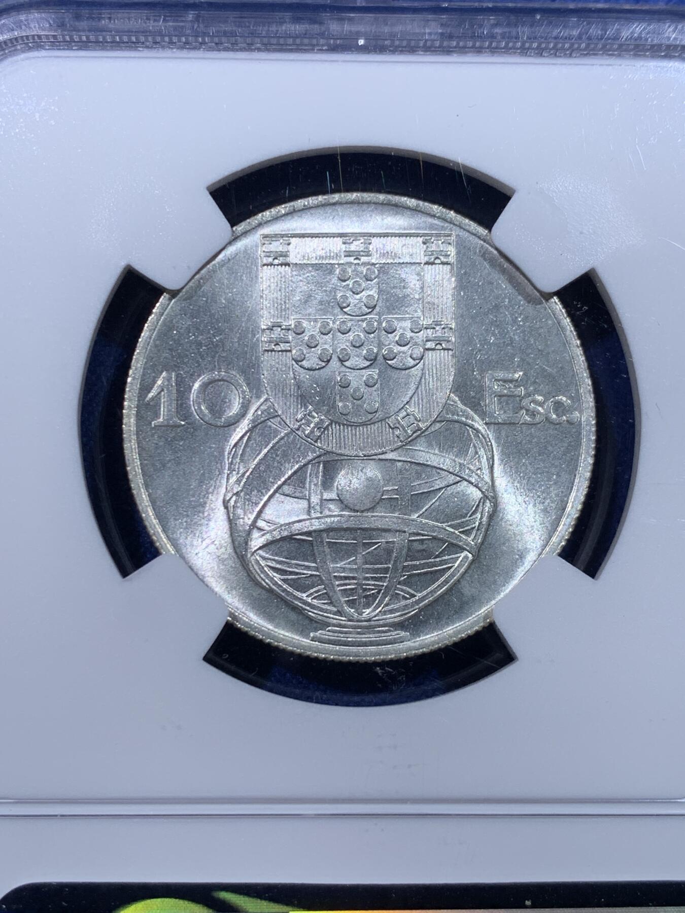 《竞宝斋》第434场 周日，周一2场连拍 （全场包邮） NGC MS65 葡萄牙1954年10埃斯库多大航海帆船银币 卷拆原光