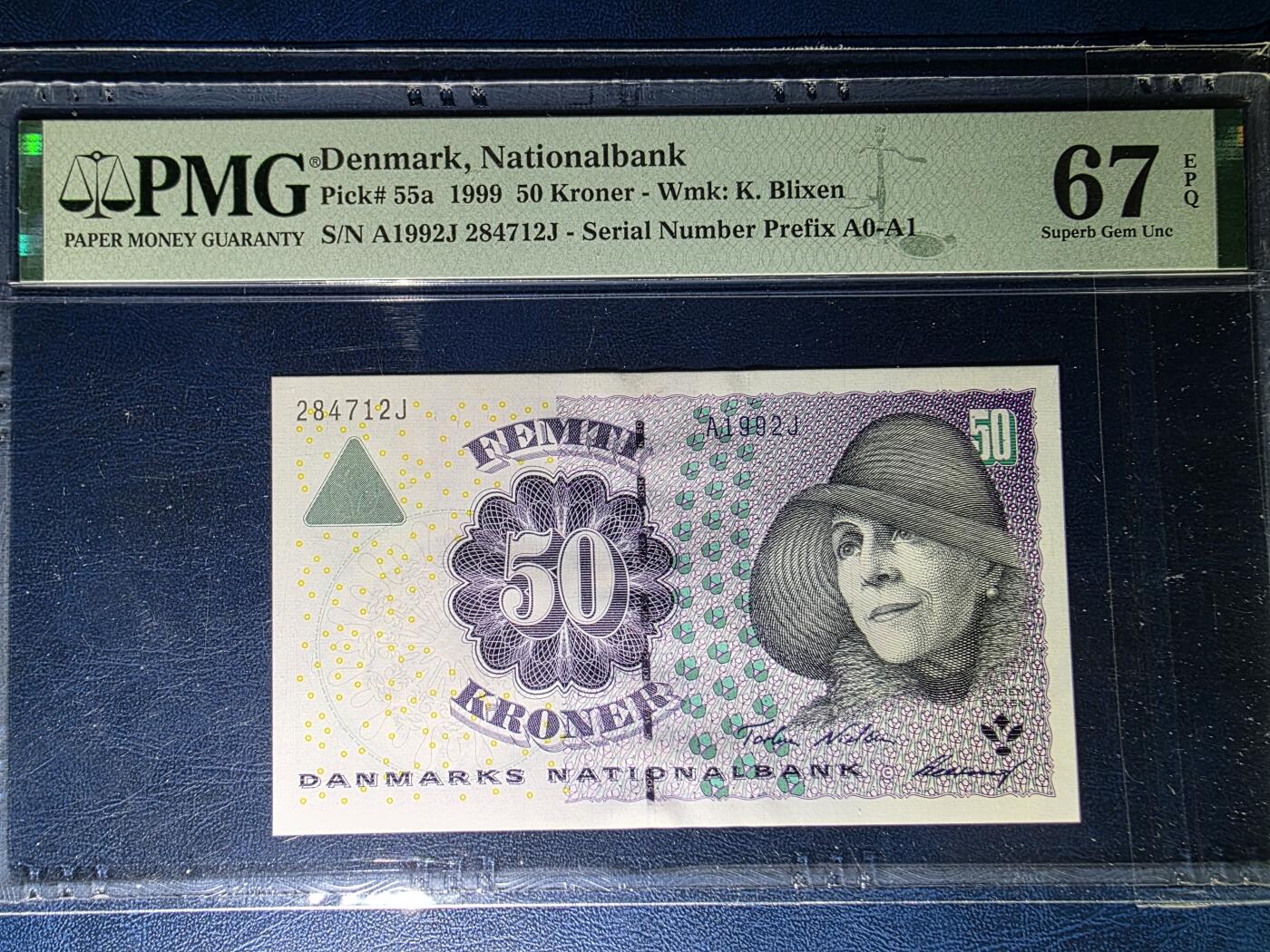 叁拾收藏第33期 丹麦1999年初版首发年份50克朗PMG67（女作家布里克森）