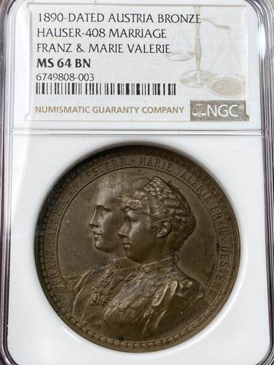 万国钱币拍卖第054期 - NGC MS64 1890年奥地利哈布斯堡弗朗茨一世颁发弗朗茨·萨尔瓦多大公与玛丽·瓦莱丽大公夫人在伊什尔举行婚礼纪念大铜章 哈布斯堡名誉古典结婚纪念 少见品种