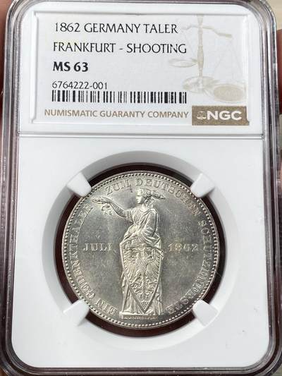 万国钱币拍卖第054期 - NGC MS63 1862年德国法兰克福射击节少女泰勒 原味银霜转光 全毛鹰徽收藏级品质