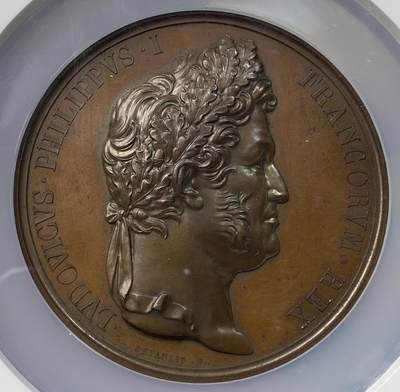 万国钱币拍卖第054期 - NGC MS63 1830年法国飞利浦一世登基加冕纪念大铜章 75MM大规格 高卢女神为新皇飞利浦献上皇冠 欧洲高浮雕古典艺术大铜章