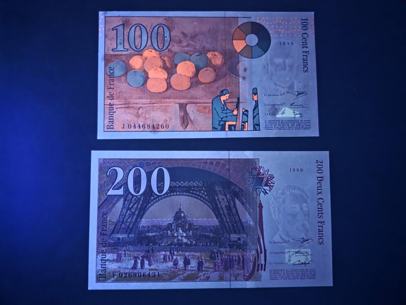 叁拾收藏第33期 法国100+200法郎2张（画家保罗塞尚+埃菲尔铁塔）  UNC