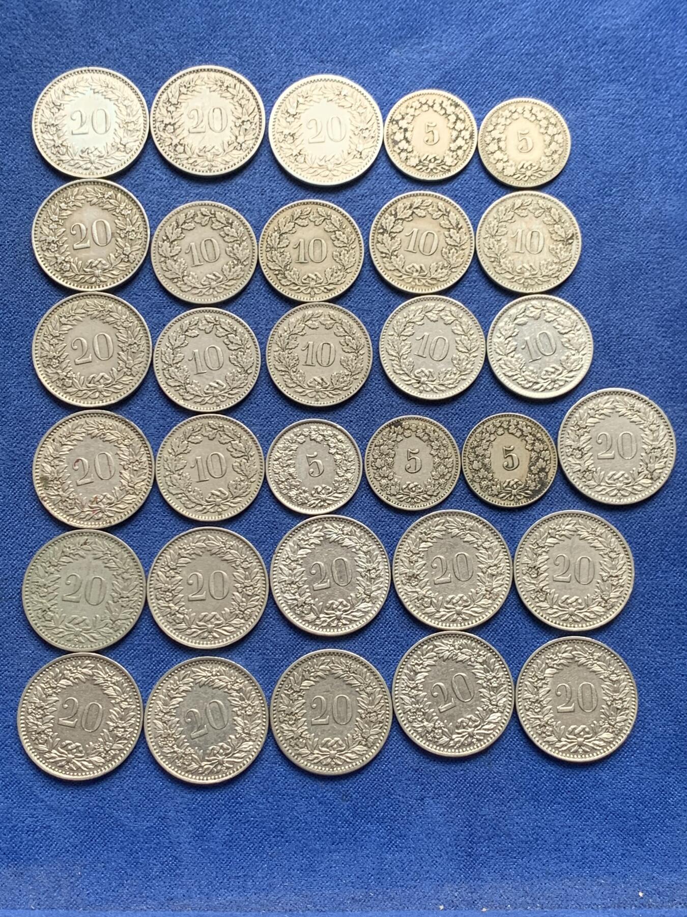 《竞宝斋》第434场 周日，周一2场连拍 （全场包邮） 31枚一组 瑞士早年份生丁镍币，20生丁17枚，10生丁9枚，5生丁5枚。都是1940年之前的年份，含1887/1885年5生丁，1883/1885年20生丁镍币，凑年份的不要错过了！具体年份版本以图片为准