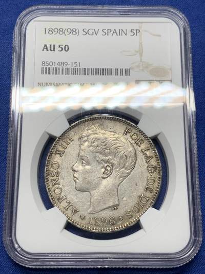 《竞宝斋》第434场 周日，周一2场连拍 （全场包邮） - NGC AU50 西班牙 1898SGV 阿方索十三世小孩头 5比塞塔 银币
