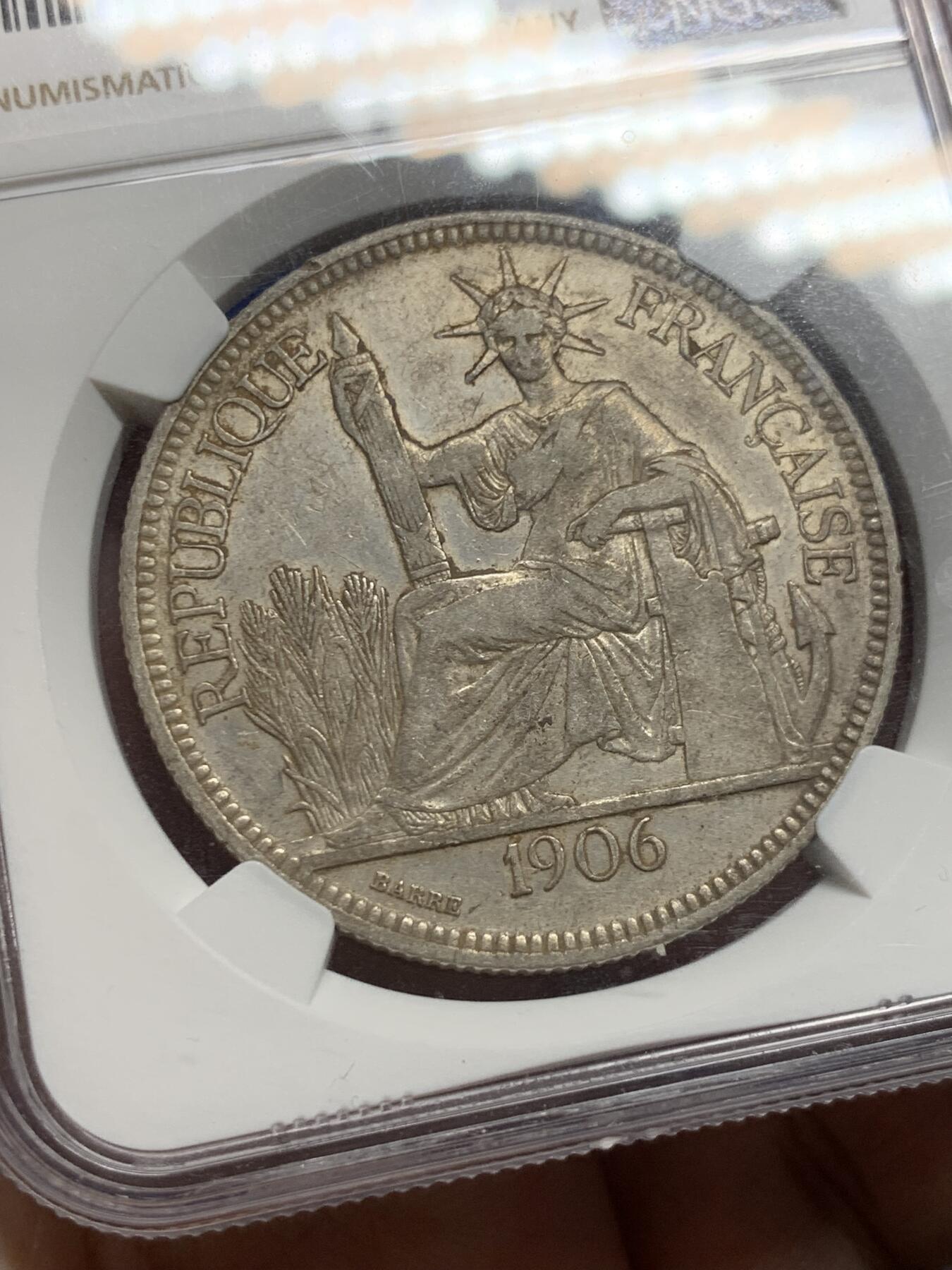 《竞宝斋》第434场 周日，周一2场连拍 （全场包邮） NGC AU50 法属印度支那 1906A 坐洋 1皮阿斯特 银币