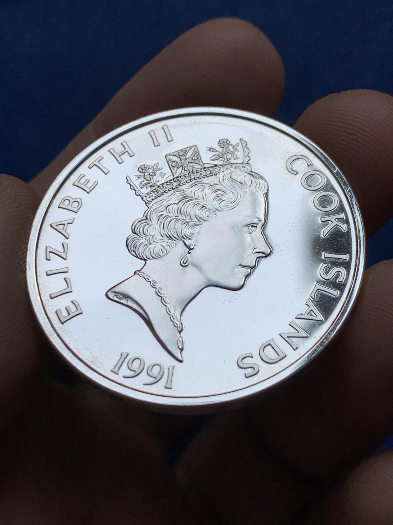 《竞宝斋》第434场 周日，周一2场连拍 （全场包邮） 库克群岛发现美洲500周年精制大银币 30克 925银