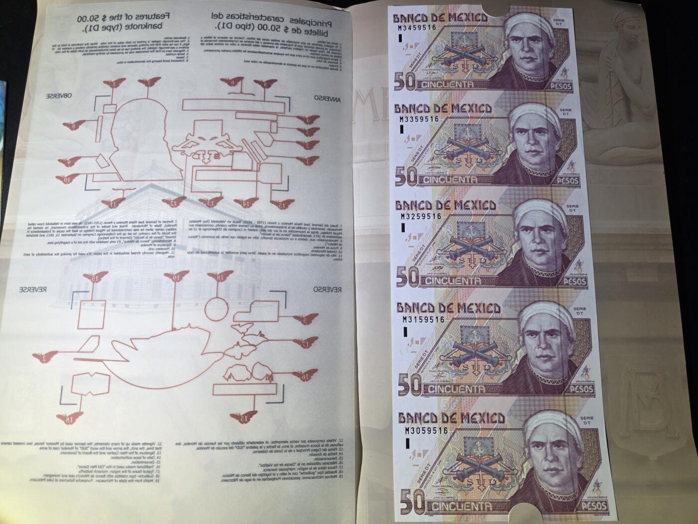 叁拾收藏第33期 墨西哥2000年50比索纪念钞5连体含原装册（全程无47）  UNC