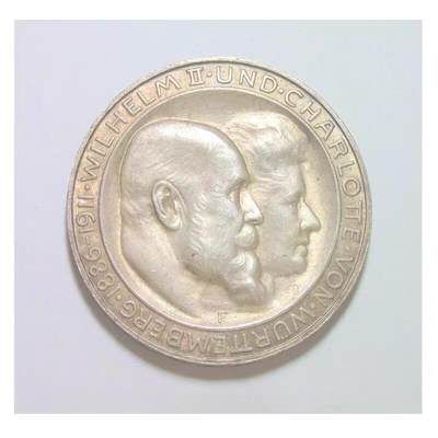 【银】德国符腾堡1911年 威廉二世银婚3马克银币 淡黄金彩 带原光 - 【银】德国符腾堡1911年 威廉二世银婚3马克银币 淡黄金彩 带原光