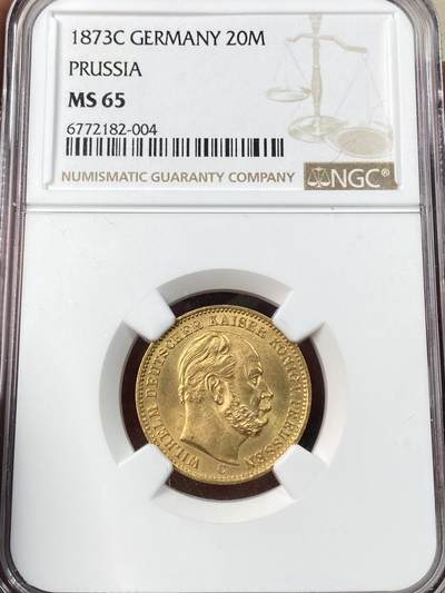 万国钱币拍卖第054期 - NGC MS65 1873年德国普鲁士威廉一世短翅流通20马克金币 顶级BU丝滑金光闪耀 7.96g 900金
