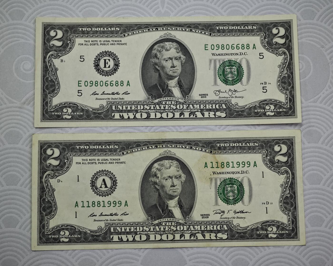 2元美金 圆圆倒置号88尾+999倒置豹子号 共2张