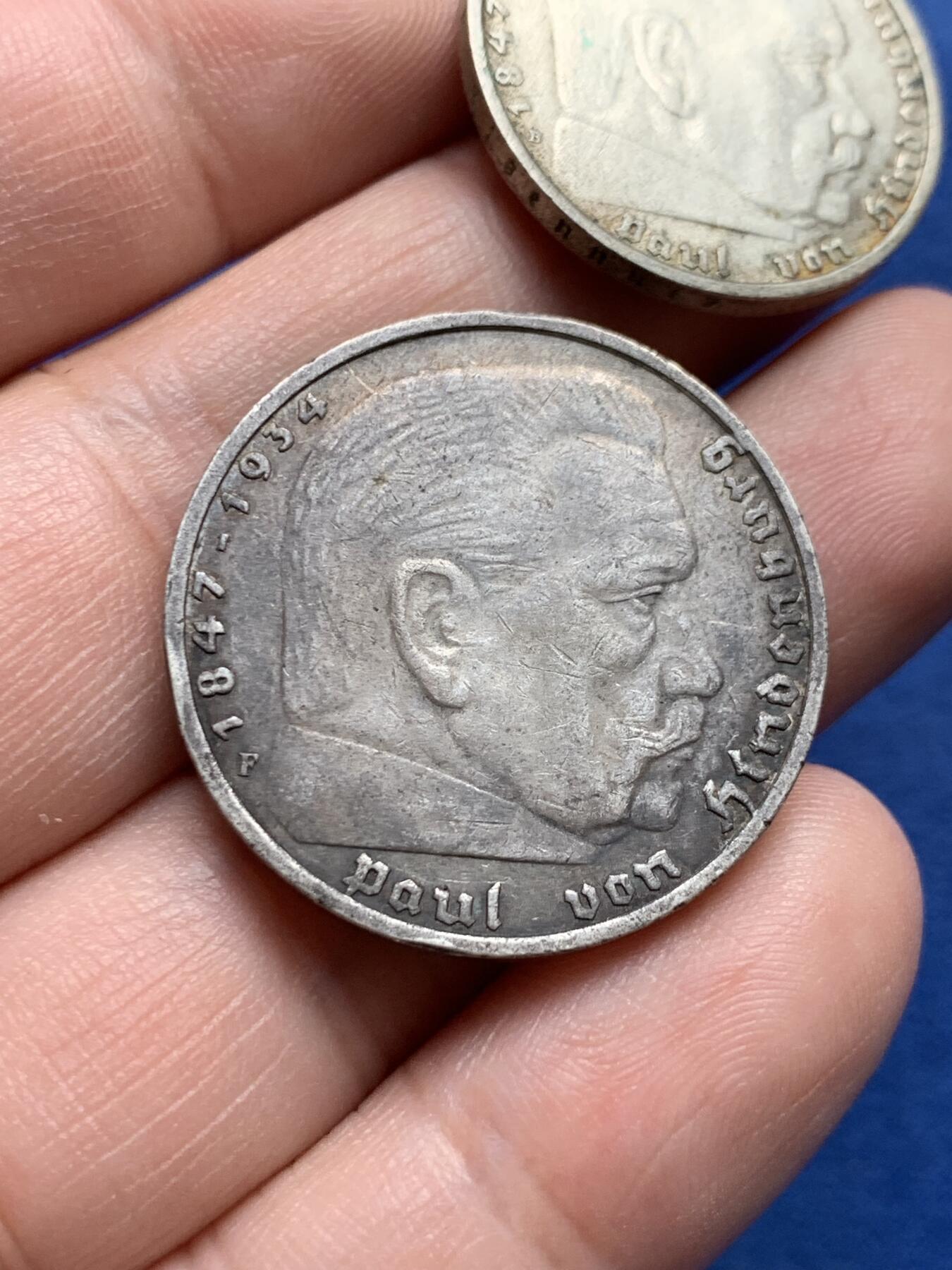 《竞宝斋》第434场 周日，周一2场连拍 （全场包邮） 两枚一组 德国兴登堡银币 1937年F版5马克+1938年B版2马克