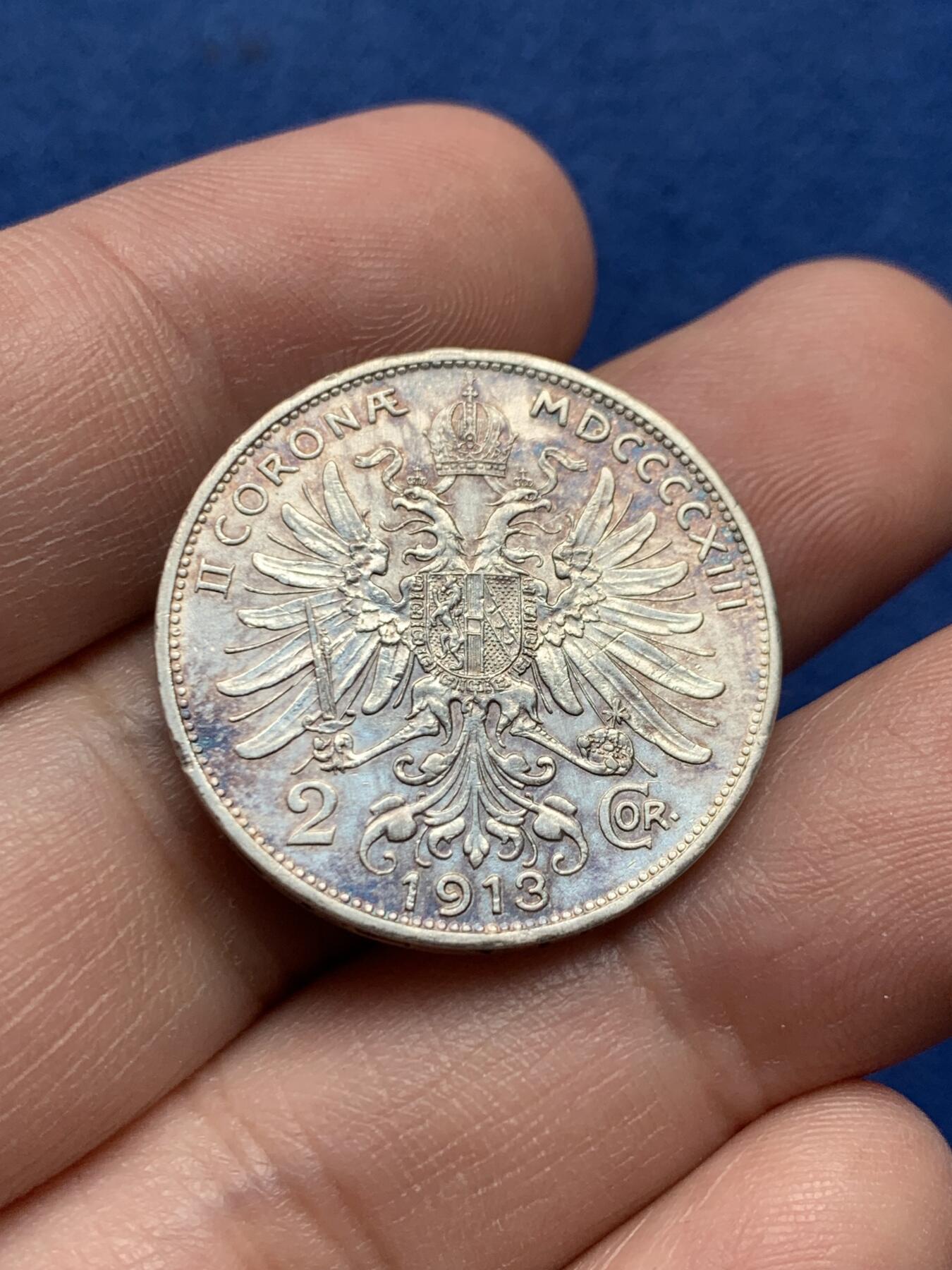 《竞宝斋》第434场 周日，周一2场连拍 （全场包邮） 奥匈帝国1913年弗朗茨约瑟夫一世2克朗银币