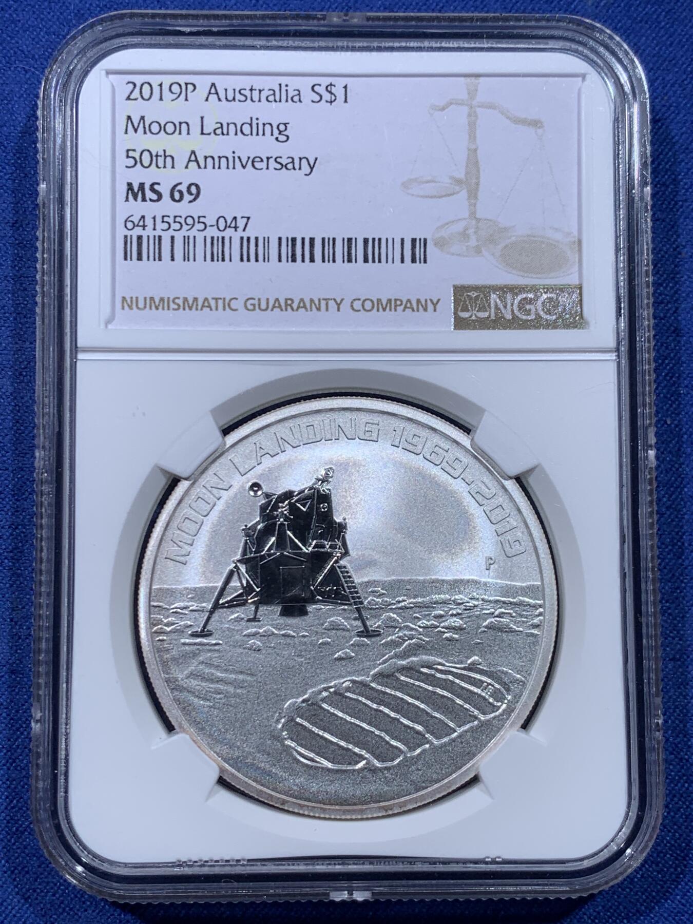 《竞宝斋》第434场 周日，周一2场连拍 （全场包邮） NGC MS69 澳大利亚2019年1澳元普制磨砂银币 月球着陆50周年 1盎司9999银 发行量：5万