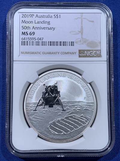 《竞宝斋》第434场 周日，周一2场连拍 （全场包邮） - NGC MS69 澳大利亚2019年1澳元普制磨砂银币 月球着陆50周年 1盎司9999银 发行量：5万