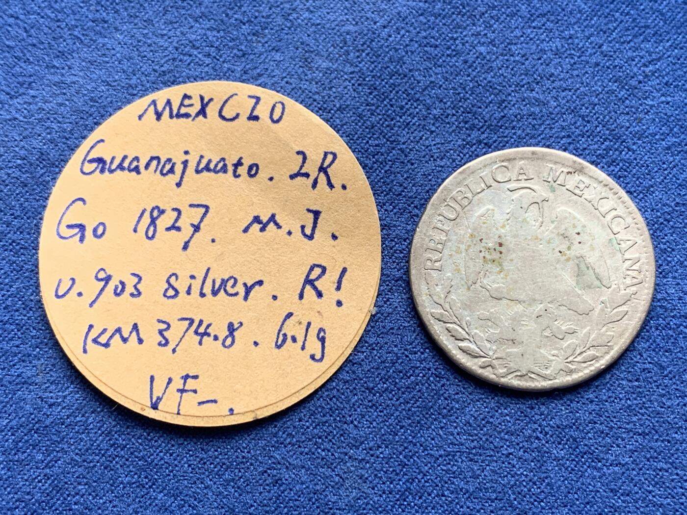 《竞宝斋》第434场 周日，周一2场连拍 （全场包邮） 墨西哥 Guanajuato 1827年 2里亚尔银币 瓜纳华托州（Go）厂打制，早期稀少年份！