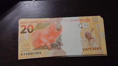世界钱币～微拍第212期暨2025年第52期  部分库存清仓选号 - 2010年巴西20雷亚尔 全新绝品无47尾号1025