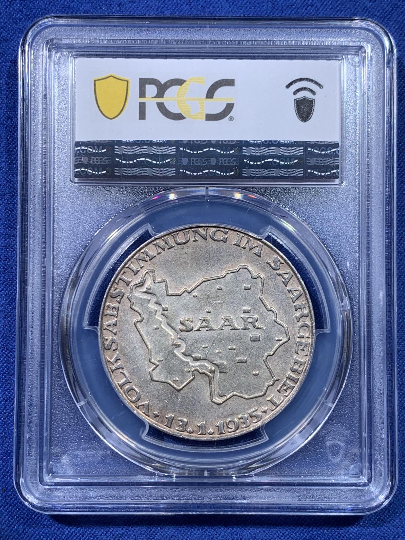 《竞宝斋》第434场 周日，周一2场连拍 （全场包邮） PCGS SP62 德国 1935年 萨尔区回归纪念银章
