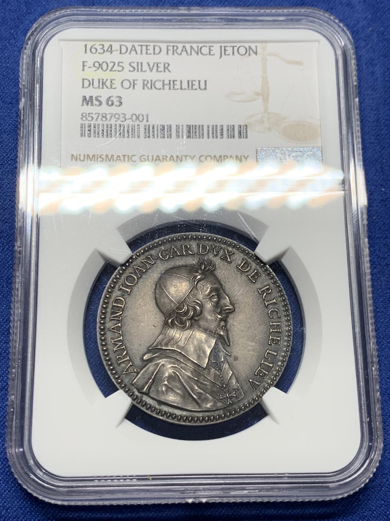 《竞宝斋》第434场 周日，周一2场连拍 （全场包邮） NGC MS63 法国红衣主教黎塞留公爵半身像纪念银代币 丰饶角银标 人像刻画细腻传神 作为商业航海总监 背面商船刻画鲜活 栩栩如生 作为早期代币 难得一见
