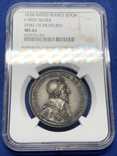 《竞宝斋》第434场 周日，周一2场连拍 （全场包邮） - NGC MS63 法国红衣主教黎塞留公爵半身像纪念银代币 丰饶角银标 人像刻画细腻传神 作为商业航海总监 背面商船刻画鲜活 栩栩如生 作为早期代币 难得一见