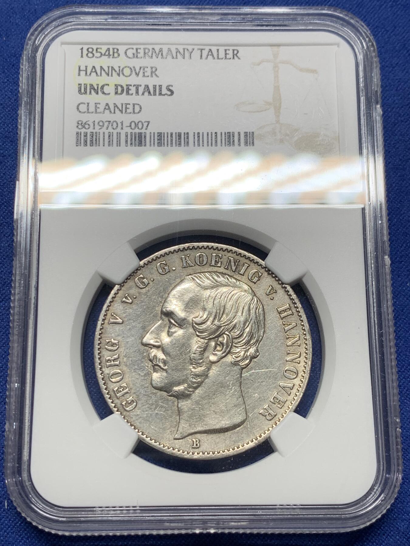 《竞宝斋》第434场 周日，周一2场连拍 （全场包邮） NGC UNCD 德国 1854年 汉诺威纹章 1泰勒 银币
