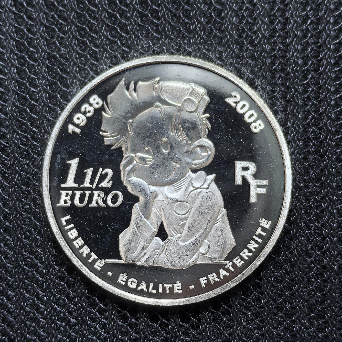 道一币馆币章第一百五十四场 法国2008年皮小子斯皮鲁70发行周年1.5欧元精制银币  22.2g 900S 10000