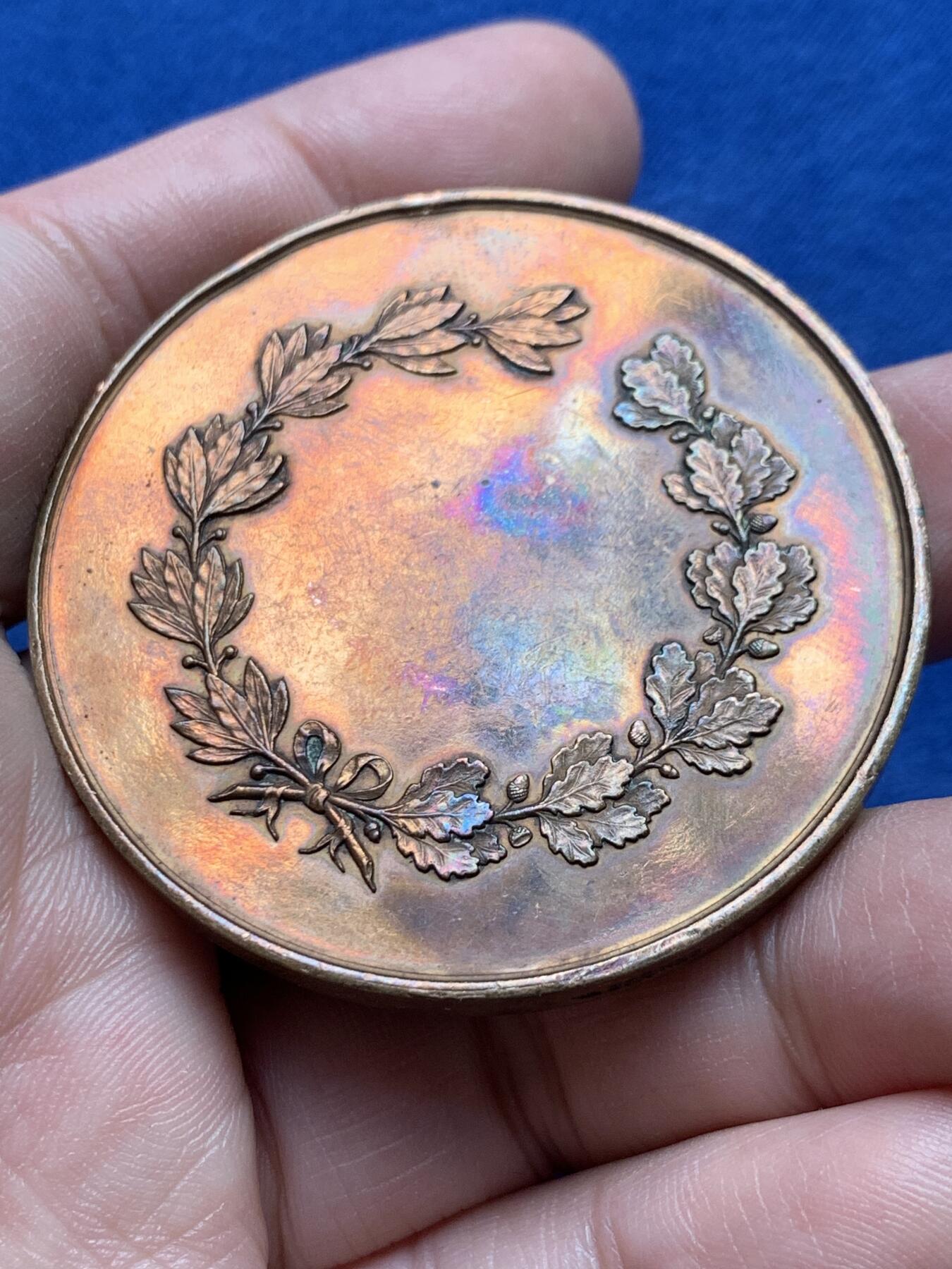 《竞宝斋》第434场 周日，周一2场连拍 （全场包邮） 法国射击比赛纪念铜章 59.3克 50.5mm 丰饶角铜标