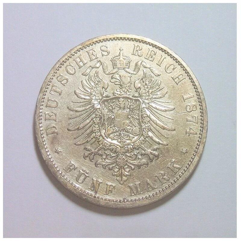【银】德国普鲁士1874年A版 威廉一世短翅5马克大银币 爽品