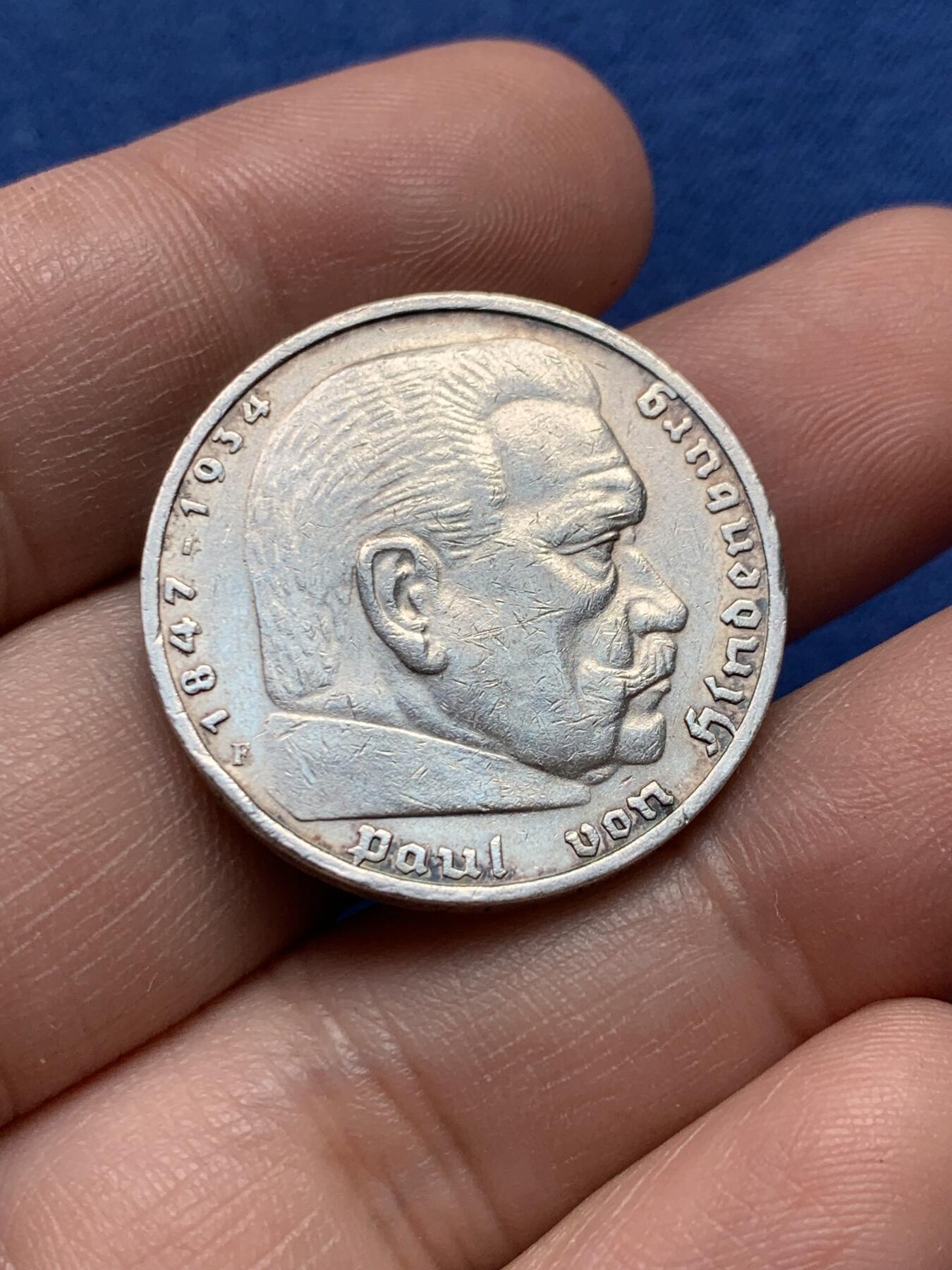 《竞宝斋》第434场 周日，周一2场连拍 （全场包邮） 德国 1936年 兴登堡 5马克银币