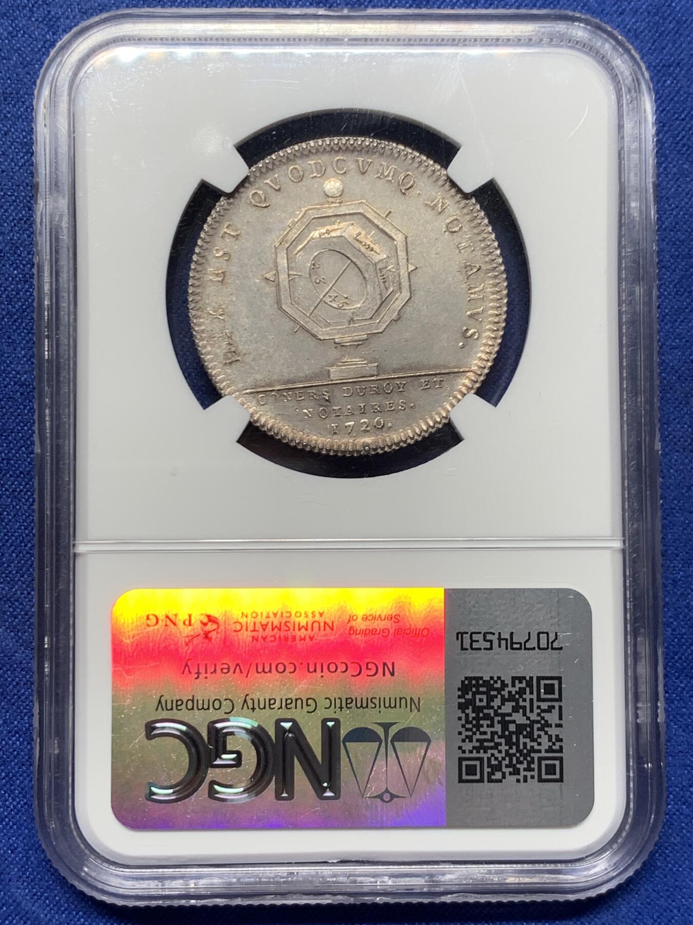 《竞宝斋》第434场 周日，周一2场连拍 （全场包邮） NGC MS64 法国路易十五银质代币 巴黎公证人，手指标，罕见高分