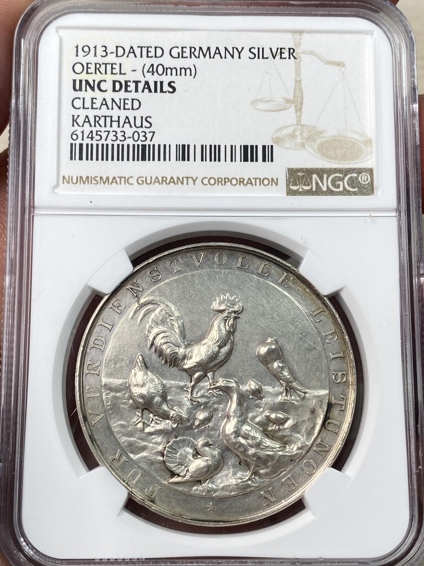 万国钱币拍卖第054期 NGC UNCD 1913年德国巴伐利亚地方农业家禽奖励银章 公鸡、黑森鸽刻画极其精细栩栩动人