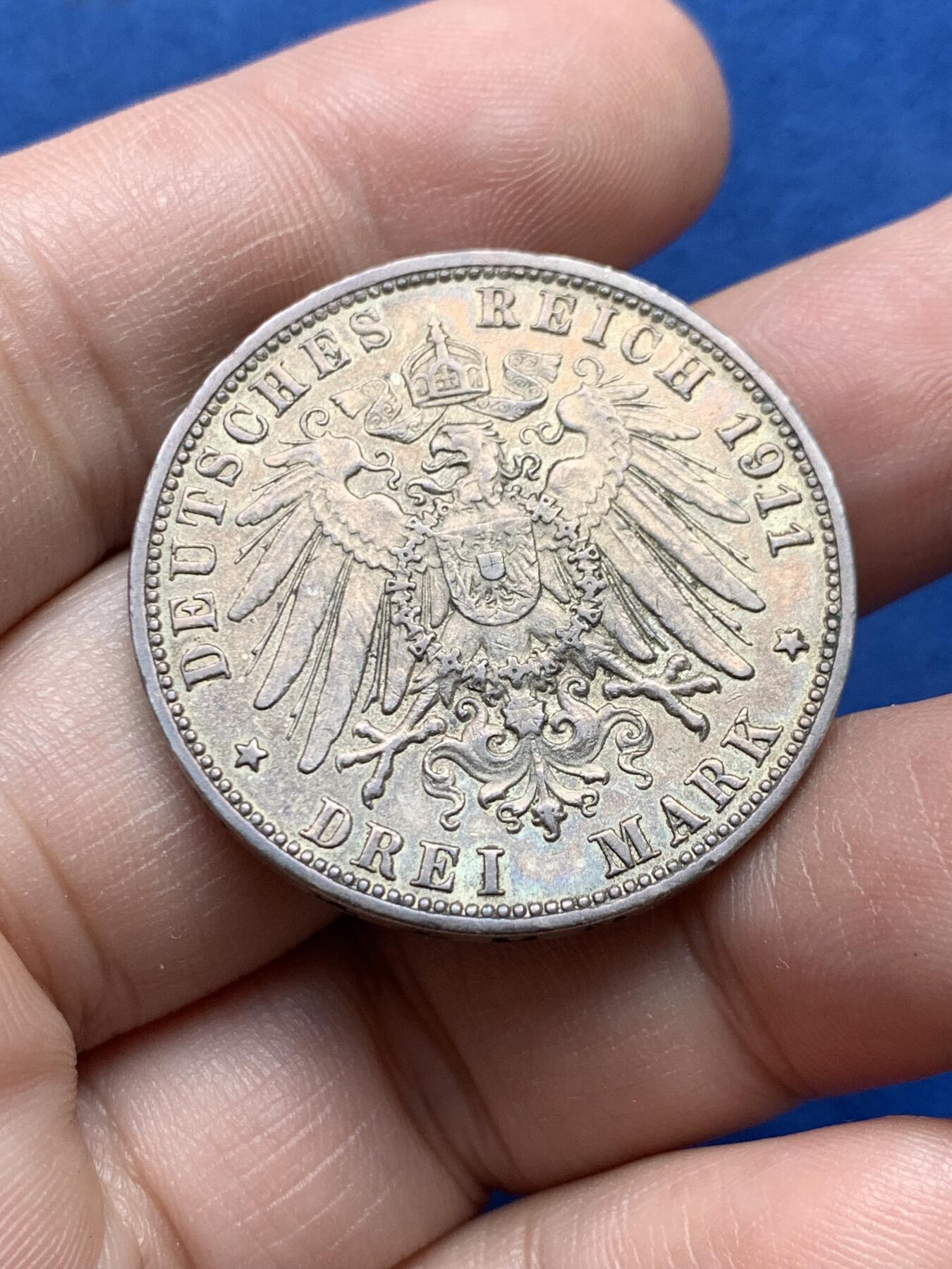 《竞宝斋》第434场 周日，周一2场连拍 （全场包邮） 德国 1911年 汉堡双狮 3马克银币