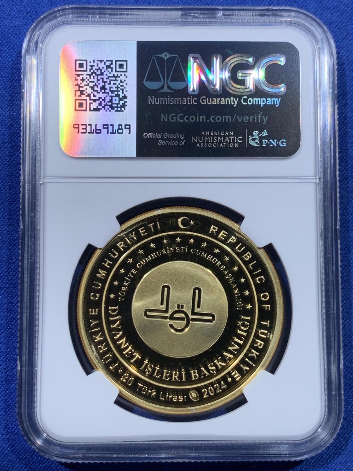 《竞宝斋》第434场 周日，周一2场连拍 （全场包邮） NGC PF69UC 土耳其2024年发行宗教事务总统100周年20里拉精制镀金银币（31.1克，925银，币径38.61MM，限量发行3千枚）