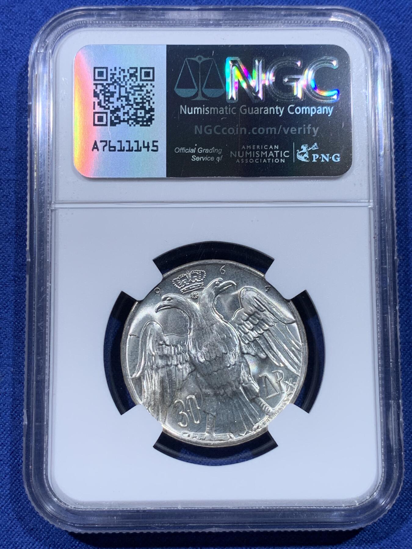 《竞宝斋》第434场 周日，周一2场连拍 （全场包邮） NGC MS66 希腊1964年皇室婚礼30德拉克马纪念银币 高分难得！