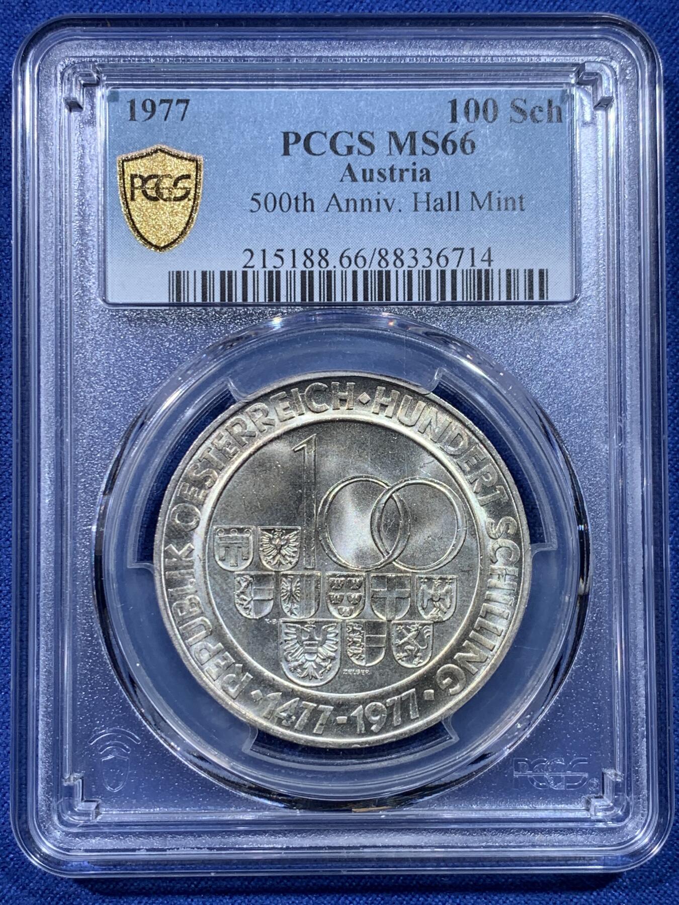 《竞宝斋》第434场 周日，周一2场连拍 （全场包邮） PCGS MS66 奥地利1977年萨尔茨堡建市500周年100先令纪念银币 卷拆原光