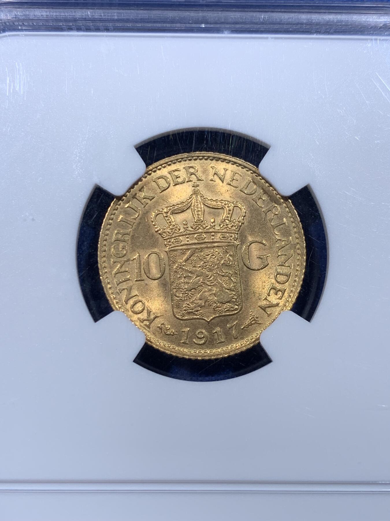 《竞宝斋》第434场 周日，周一2场连拍 （全场包邮） NGC MS64 荷兰1917年威廉明娜10盾金币 少妇版 900金 6.72克 车轮光金灿灿 热门好品潜力高